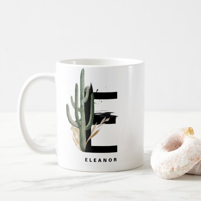 Taza De Café Letra E Monograma | Cactus tropical personalizado (Con donut)