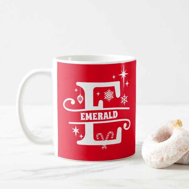 Taza De Café Letra E Navidades Monograma Nombre inicial rojo (Con donut)