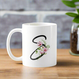 Taza De Café Letra elegante caligrafía negra floral "S"