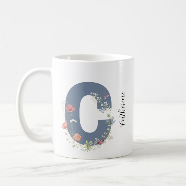 Taza De Café Letra estética acuarela floral C monograma (Izquierda)