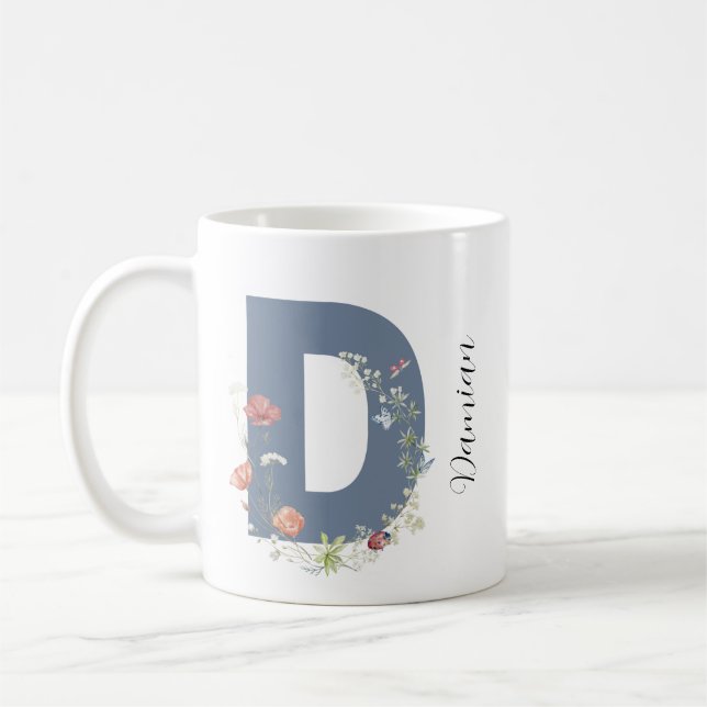 Taza De Café Letra estética acuarela floral D monograma (Izquierda)