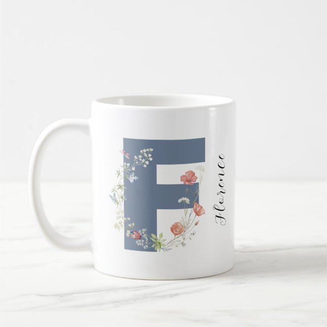 Taza De Café Letra estética acuarela floral F monograma (Izquierda)