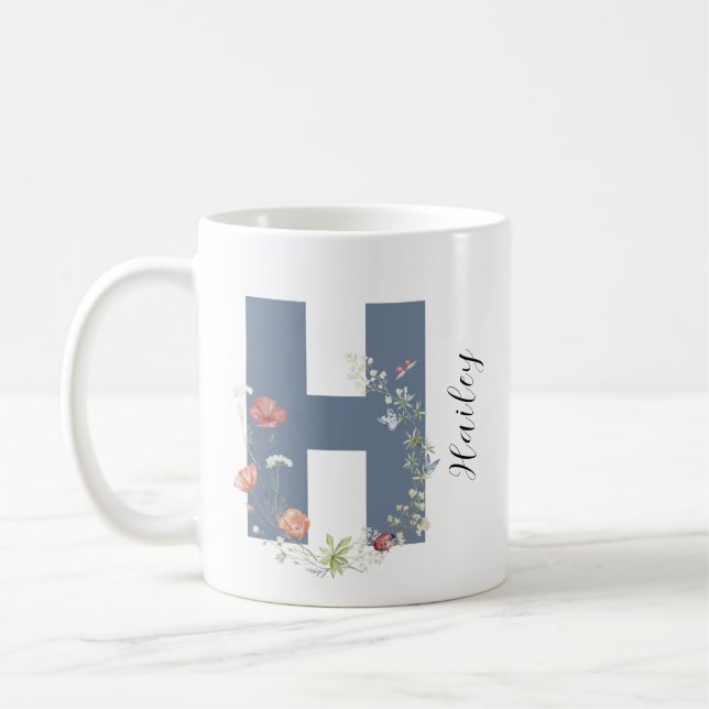 Taza De Café Letra estética acuarela floral H monograma (Izquierda)
