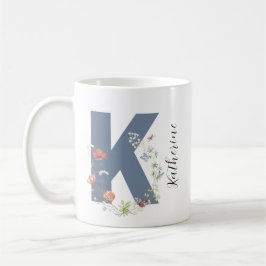 Taza De Café Letra estética acuarela floral K monograma