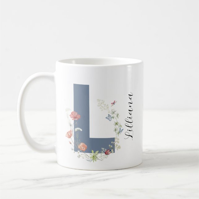 Taza De Café Letra estética acuarela floral L monograma (Izquierda)