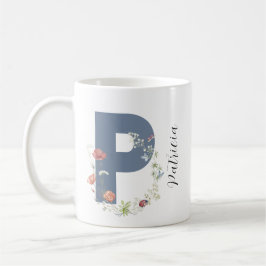 Taza De Café Letra estética acuarela floral P monograma
