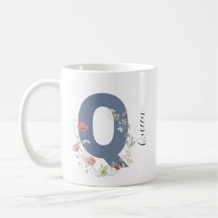 Taza De Café Letra estética acuarela floral Q monograma