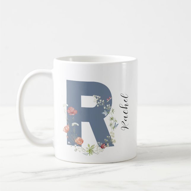 Taza De Café Letra estética acuarela floral R monograma (Izquierda)