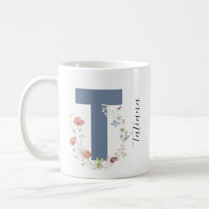 Taza De Café Letra estética acuarela floral T monograma