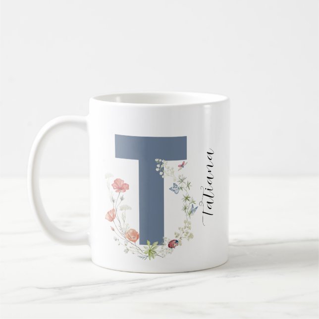 Taza De Café Letra estética acuarela floral T monograma (Izquierda)