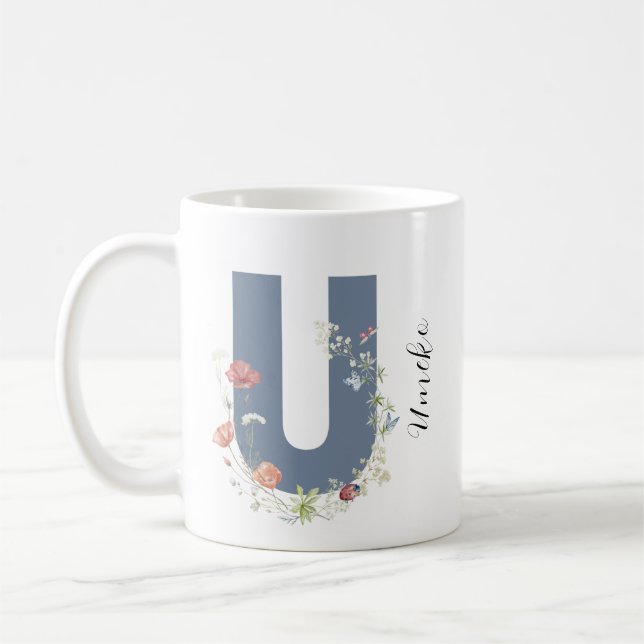 Taza De Café Letra estética acuarela floral U monograma (Izquierda)