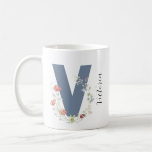 Taza De Café Letra estética acuarela floral V monograma