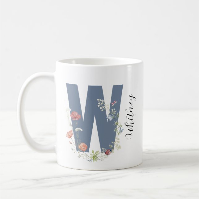 Taza De Café Letra estética acuarela floral W monograma (Izquierda)
