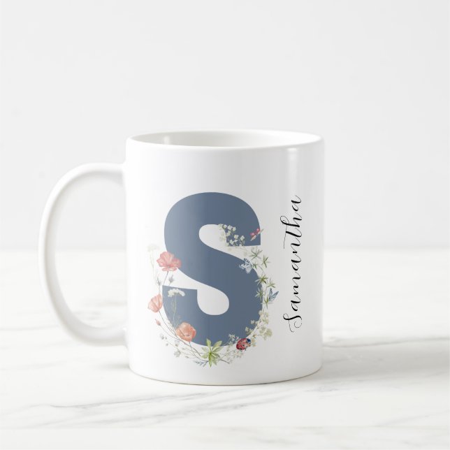 Taza De Café Letra estética acuática floral S Monograma (Izquierda)