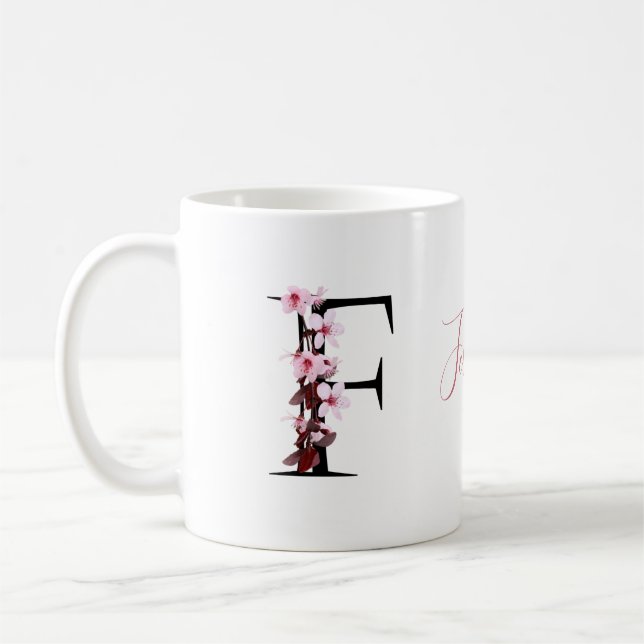 Taza De Café Letra F, flor de cerezo | Nombre de guión de monog (Izquierda)
