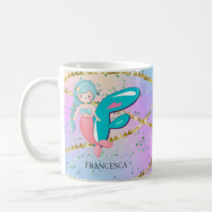 Taza De Café Letra F Monograma Acuarela Cuta Cristales De Siren