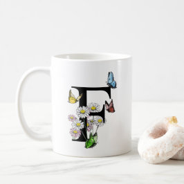Taza De Café Letra F Monograma de mariposa acuarela botánica