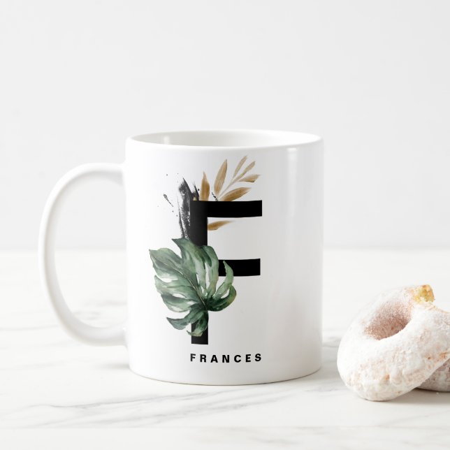Taza De Café Letra F Monograma | Monstera Tropical Personalizad (Con donut)