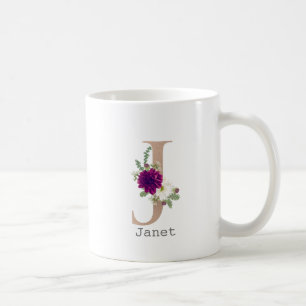 Taza De Café Letra floral alfabeta con nombre personalizado "J"