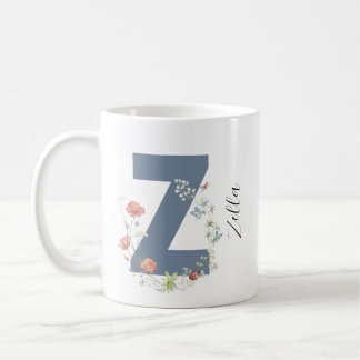 Taza De Café Letra floral azul estética acuática monograma Z
