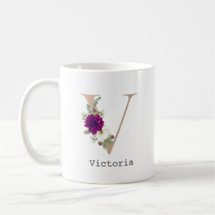 Taza De Café Letra floral de nombre personalizado de alfabeto "