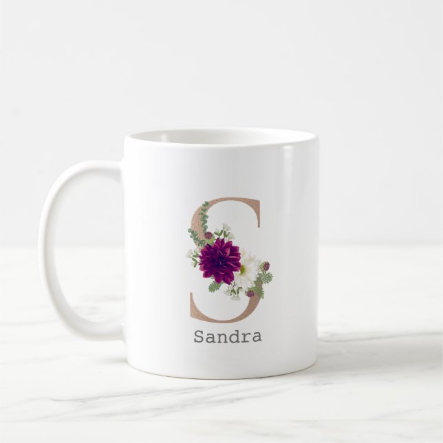 Taza De Café Letra floral de nombre personalizado "S" en el alf (Izquierda)