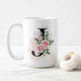 Taza De Café Letra floral J - Monograma suave pastel