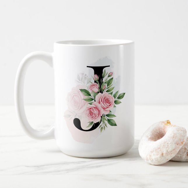 Taza De Café Letra floral J - Monograma suave pastel (Con donut)