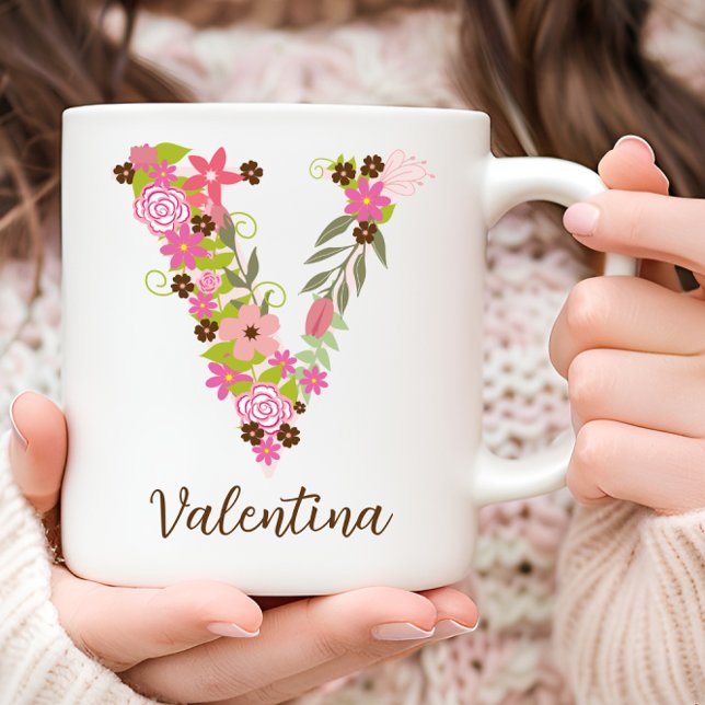 Taza De Café Letra floral monográfica V personalizada (Personalized Monogram Floral Letter V Coffee Mug)