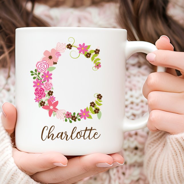 Taza De Café Letra floral monograma C personalizada (Personalized Monogram Floral Letter C Coffee Mug)