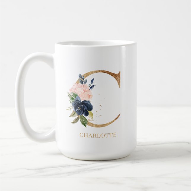 Taza De Café Letra floral monograma de la Marina Rubor "C" pers (Izquierda)