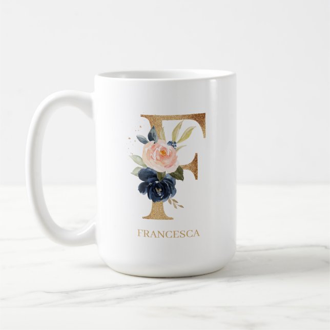 Taza De Café Letra floral monograma de la Marina Rubor "F" pers (Izquierda)