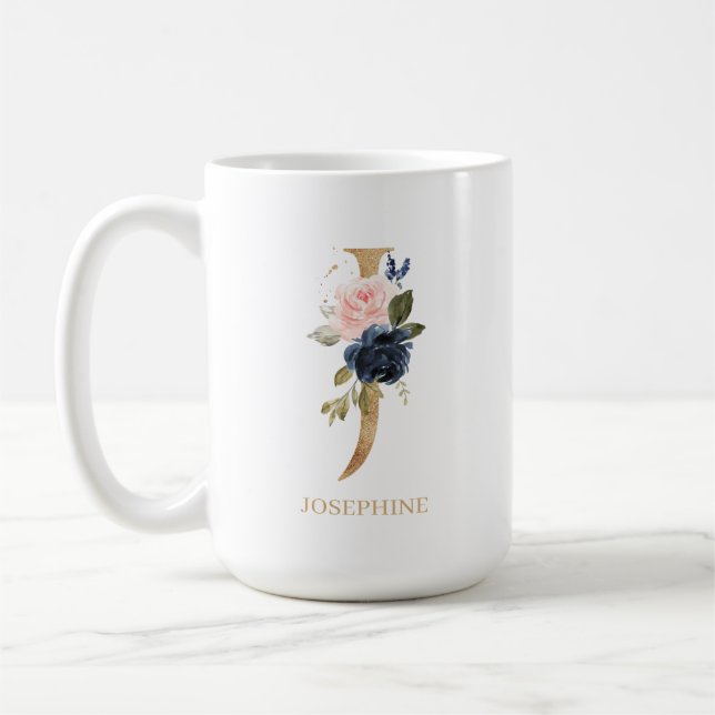 Taza De Café Letra floral monograma de la Marina Rubor "J" pers (Izquierda)