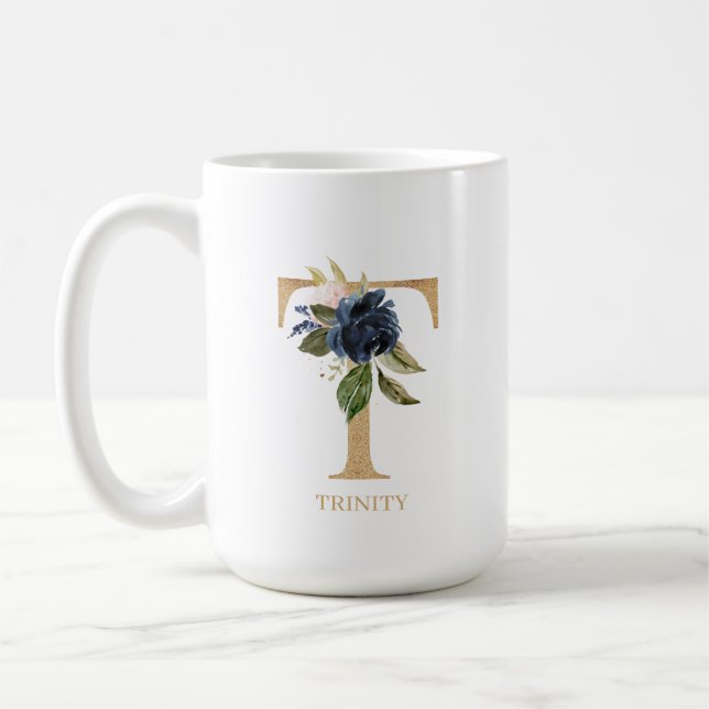 Taza De Café Letra floral monograma de la Marina Rubor "T" pers (Izquierda)