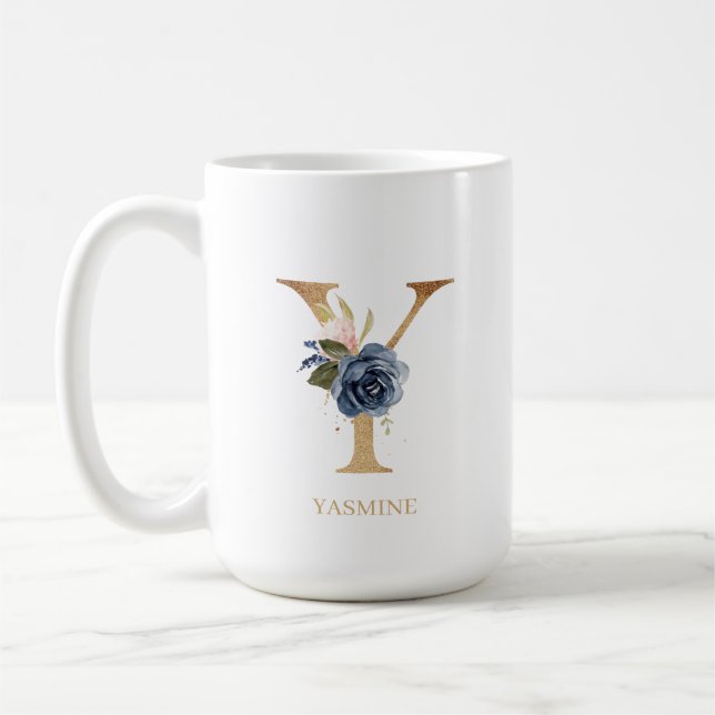 Taza De Café Letra floral monograma de la Marina Rubor "Y" pers (Izquierda)
