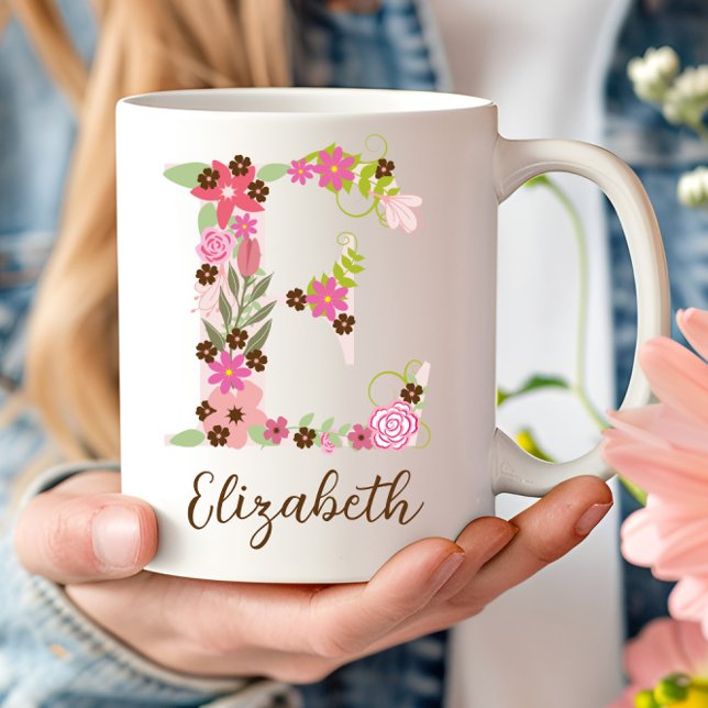 Taza De Café Letra floral monograma E personalizada (Personalized Monogram Floral Letter E Coffee Mug)