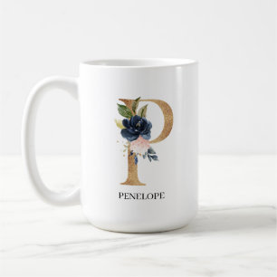 Taza De Café Letra floral monograma "P" de la Marina Rubor pers