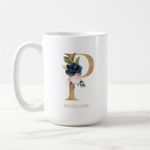 Taza De Café Letra floral monograma "P" de la Marina Rubor pers
