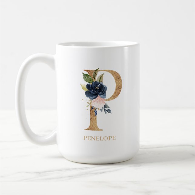 Taza De Café Letra floral monograma "P" de la Marina Rubor pers (Izquierda)