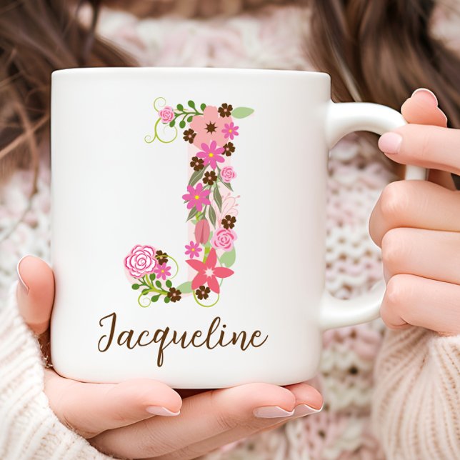 Taza De Café Letra floral monograma personalizada J (Personalized Monogram Floral Letter J Coffee Mug)