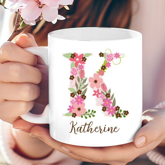 Taza De Café Letra floral monograma personalizada K (Personalized Monogram Floral Letter K Coffee Mug)