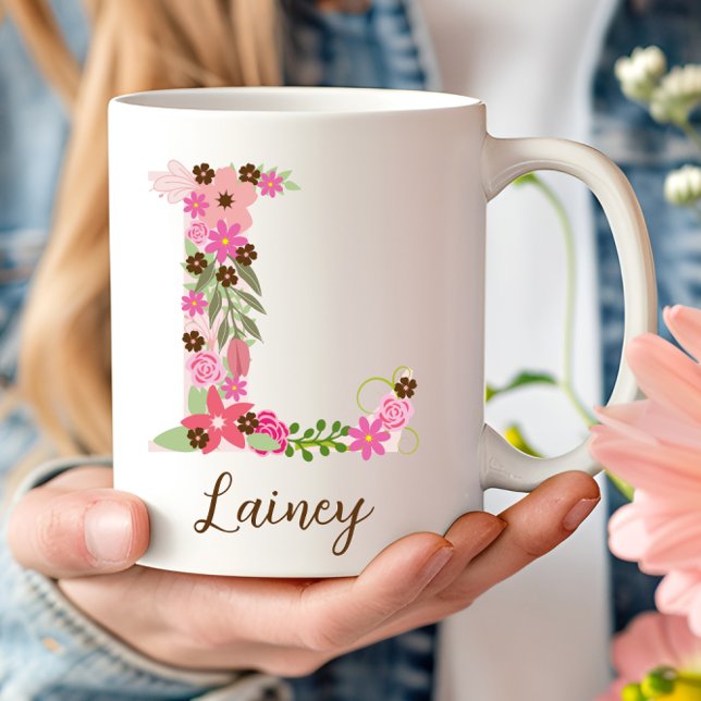 Taza De Café Letra floral monograma personalizada L (Personalized Monogram Floral Letter L Coffee Mug)
