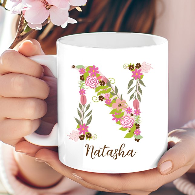 Taza De Café Letra floral monograma personalizada N (Personalized Monogram Floral Letter N Coffee Mug)