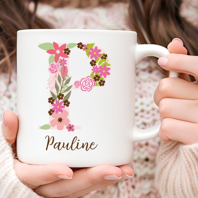 Taza De Café Letra floral monograma personalizada P (Personalized Monogram Floral Letter P Coffee Mug)