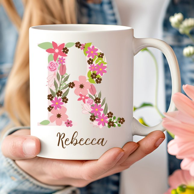 Taza De Café Letra floral monograma personalizada R (Personalized Monogram Floral Letter R Coffee Mug)