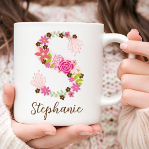 Taza De Café Letra floral monograma personalizada S