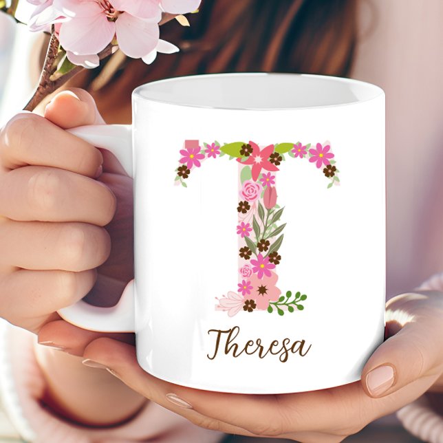 Taza De Café Letra floral monograma personalizada T (Personalized Monogram Floral Letter T Coffee Mug)