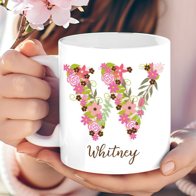 Taza De Café Letra floral monograma personalizada W (Personalized Monogram Floral Letter W Coffee Mug)