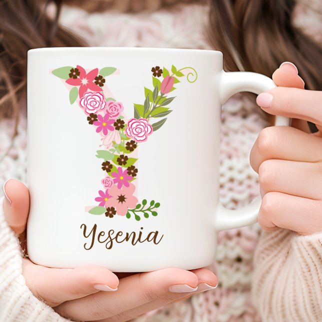 Taza De Café Letra floral monograma personalizada Y (Personalized Monogram Floral Letter Y Coffee Mug)