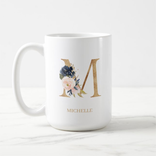 Taza De Café Letra floral monograma Rubor de Marina "M" persona (Izquierda)